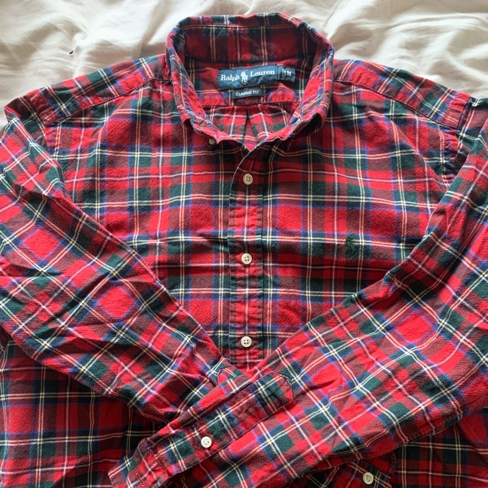 Ralph Lauren Men's Red and Green Plaid Shirt
